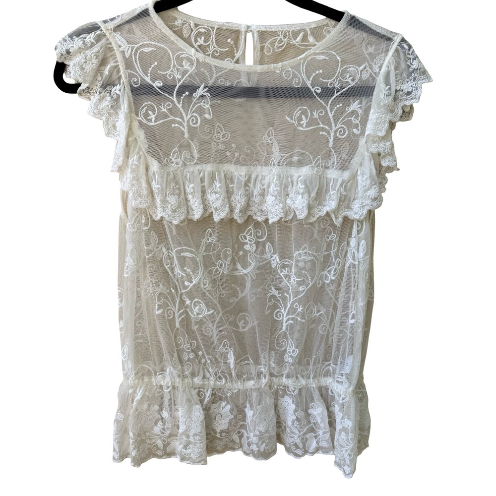 Forever 21 Coquette Floral Embroidered Sheer Mesh Lace Ruffle Peplum Blouse S